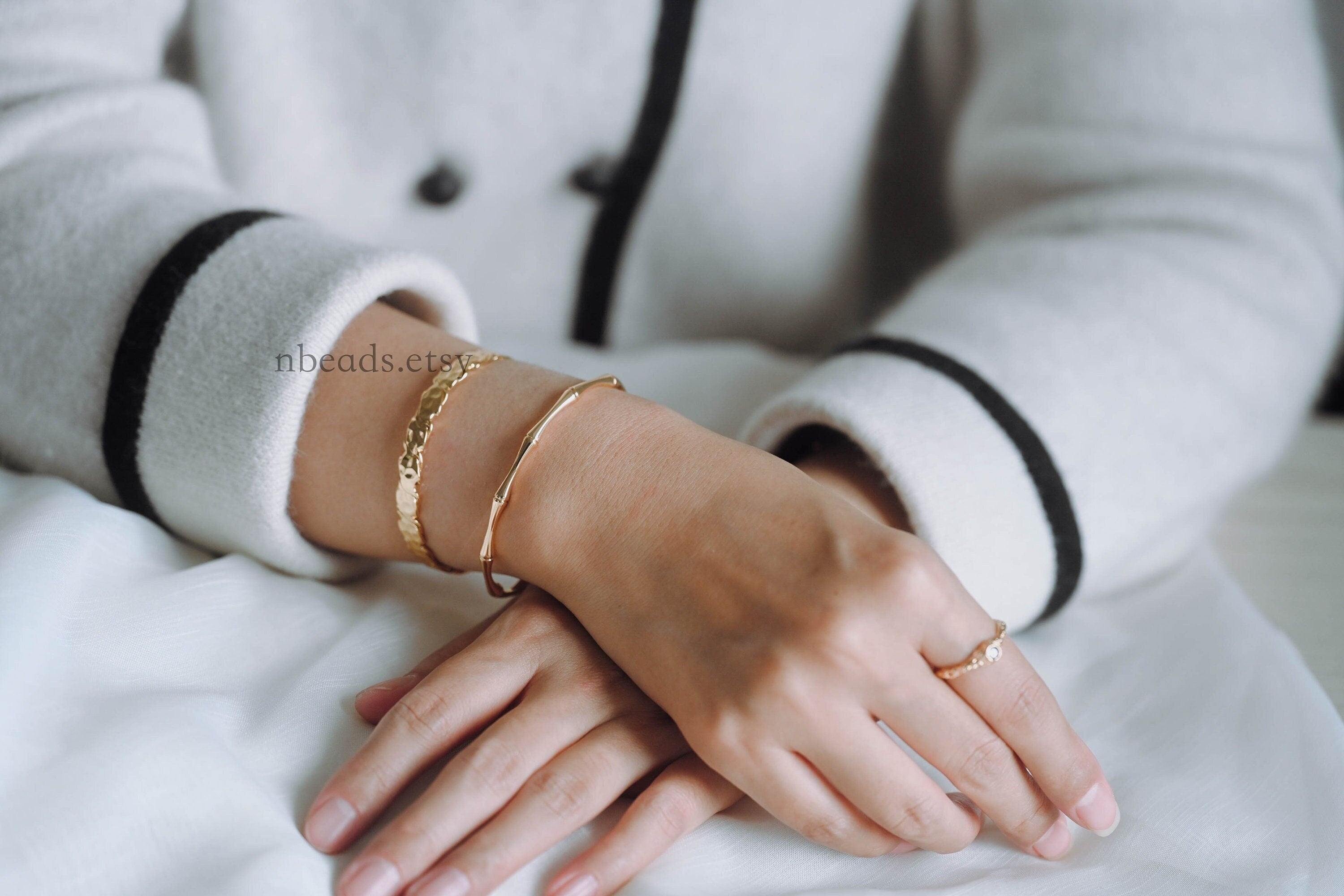 1pcs Gold Bamboo Cuff Bracelet, Stackable Bracelets, Adjustable Bangle Bracelet (#GB-2939)